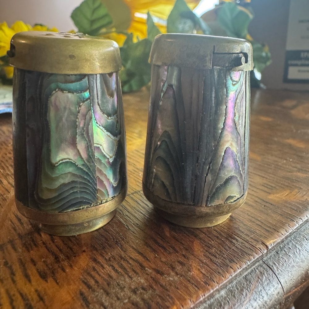 VINTAGE Mother of Pearl Mexican ,Iridescent Shell Salt and Pepper Shakers